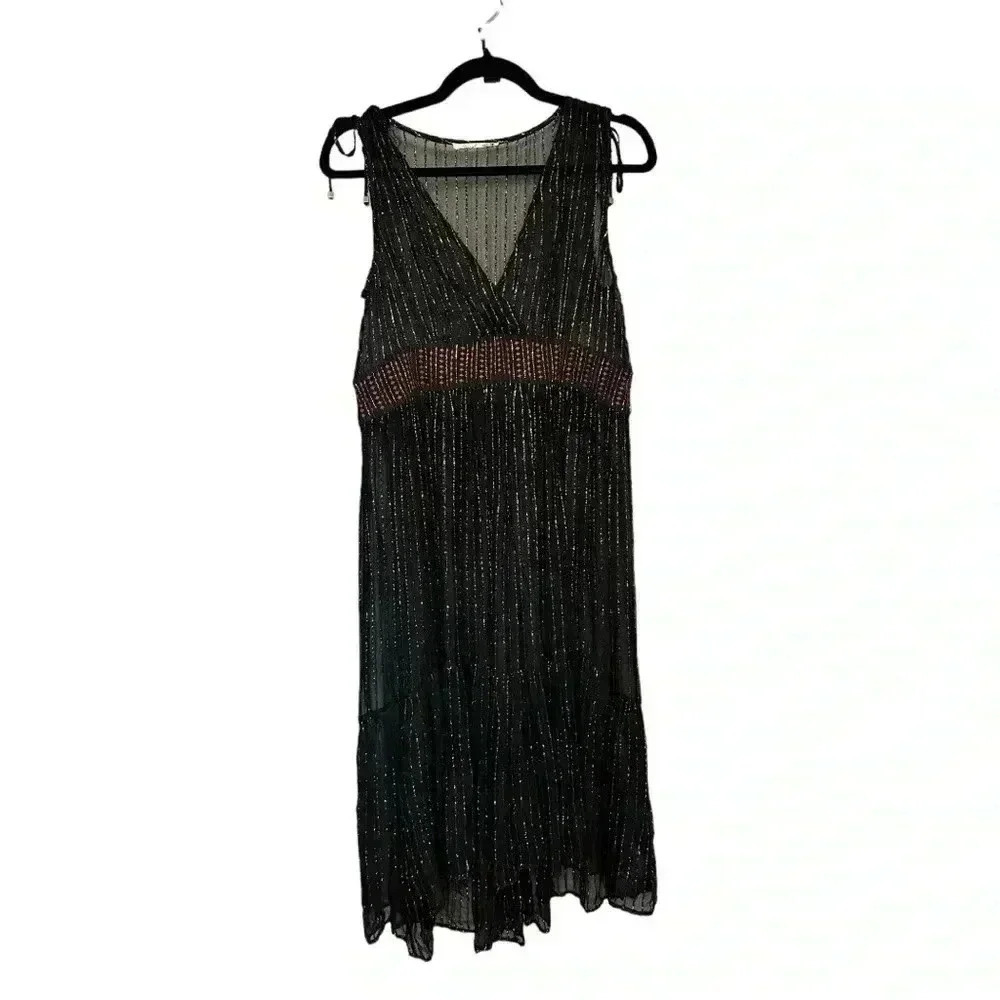 Anthropologie Floreat Annecy Midi Sheer Dress Gold Embellished Shimmer Sz 2